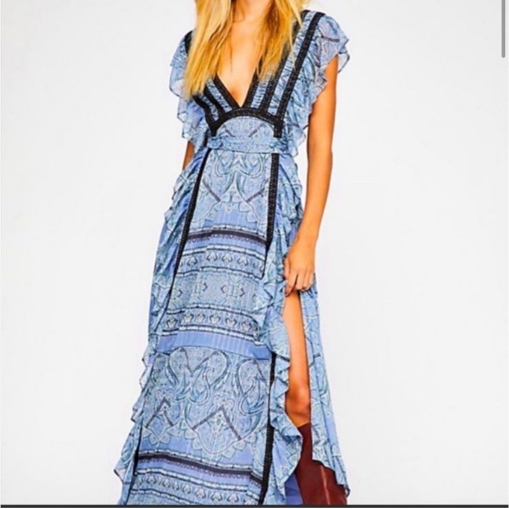 Free People Spellbound V Neck Ruffle DoubleSlit MaxiDress Blue/Black/Silver XS